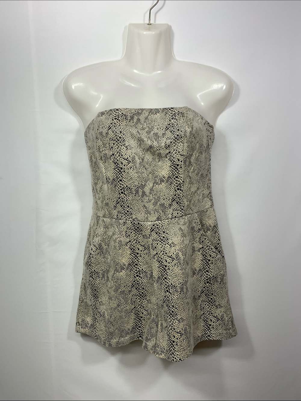 Strapless Snake-Print Romper in Beige